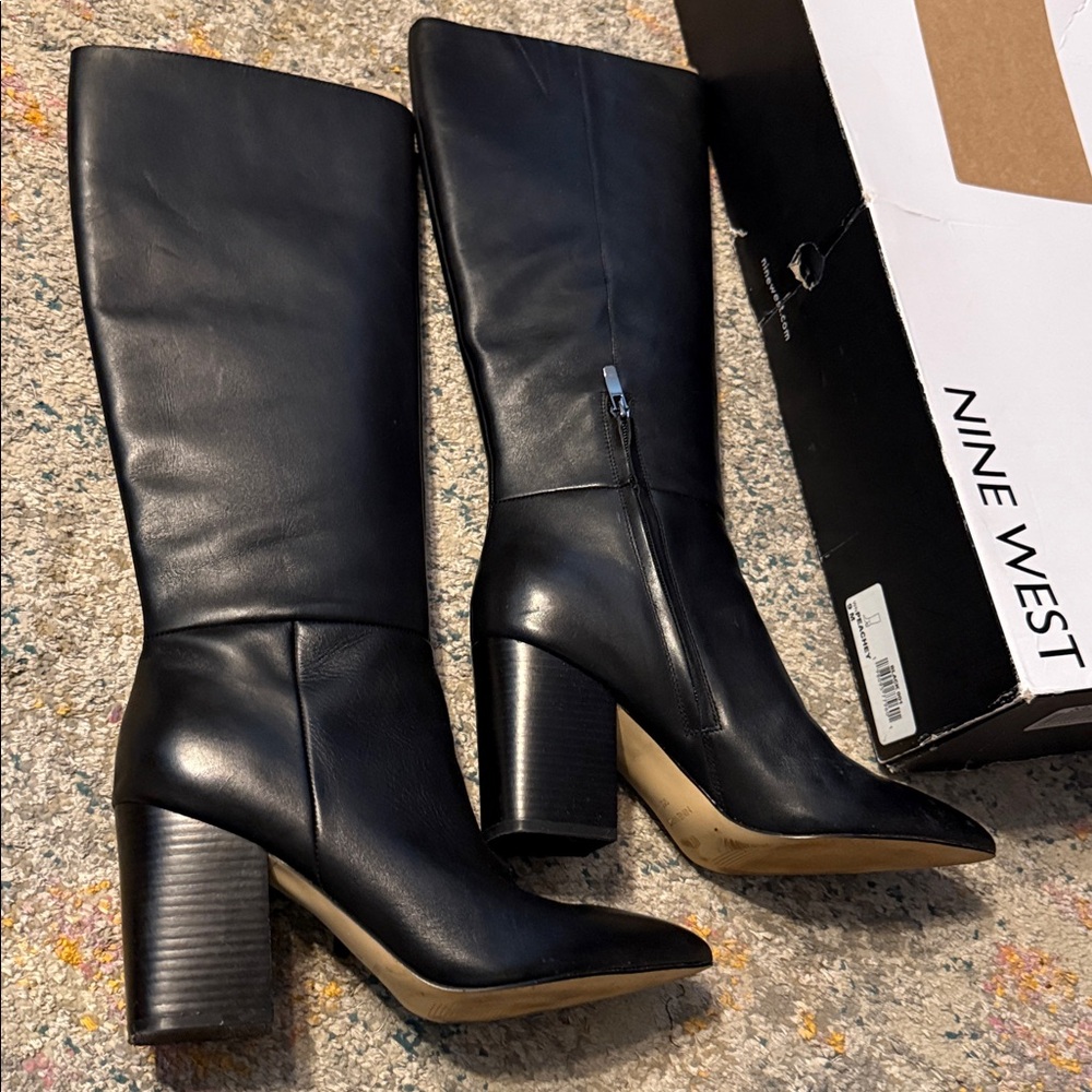 Nine West Peachey Block Heel Pointy Toe Knee High Boots Real Leather Size 9